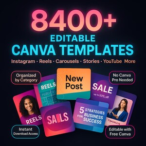 Modèles Canva modifiables pour publications Instagram, bobines, histoires, carrousels, miniatures YouTube, cartes de visite, lien dans la bio et plus