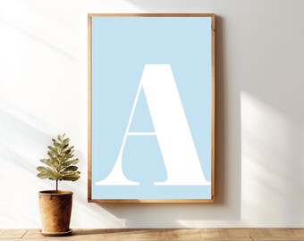 文字Aプリント、ライトブルーの子供部屋用装飾（デジタルダウンロード）