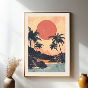 Vintage Printable Beach and Palm Trees Print Antique Tropical Wall Art Palm Tree Sunset Wall Decor Coast Print Wall Art Summer Printable Art