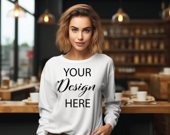 Gildan 18000 White Crewneck Mockup, Gildan Crewneck Mockup, Crewneck Mockup, Model Mockup, Gildan 18000 Mockup, Sweater mockup, White mock