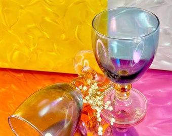 Hand-Blown Iridescent Blue and Orange Glass Goblets