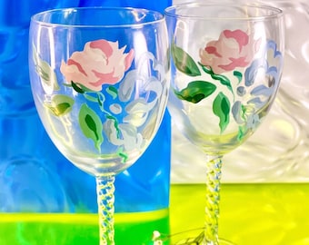 Hand-Painted Pink Rose Wine Glasses