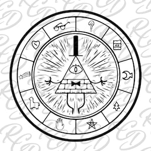 May include: Black and white illustration of a triangle-shaped character with a single eye, wearing a bow tie and a top hat. The character is surrounded by a circle with various symbols, including a heart, a star, a question mark, a tree, and a crescent moon.