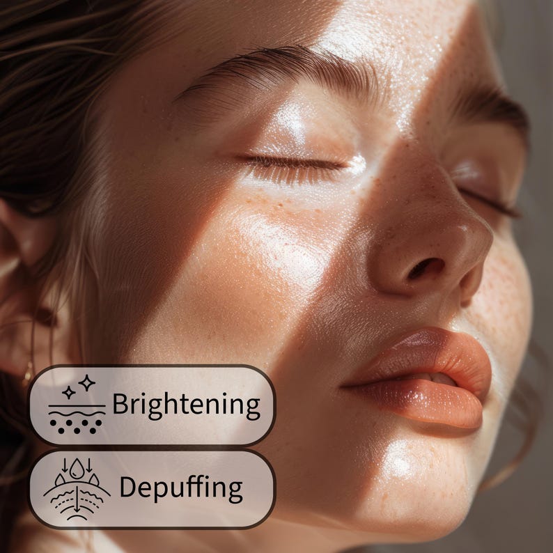 Pu&ograve; includere: Primo piano di un volto con gli occhi chiusi, illuminato dalla luce del sole. La pelle appare radiosa e umida. Due riquadri di testo indicano "Brightening" e "Depuffing", suggerendo benefici per la cura della pelle.