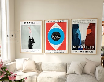 May include: Three minimalist book cover posters with bold typography and graphic elements. The posters feature the titles "Macbeth", "1984", and "Les Miserables".