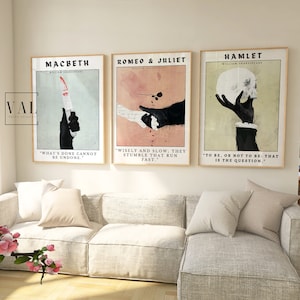 Juego de 3 impresiones de arte mural con portada de libro / Decoración de pared para el aula / Impresión de William Shakespeare / Póster imprimible del libro Hamlet / Póster de Romeo y Julieta