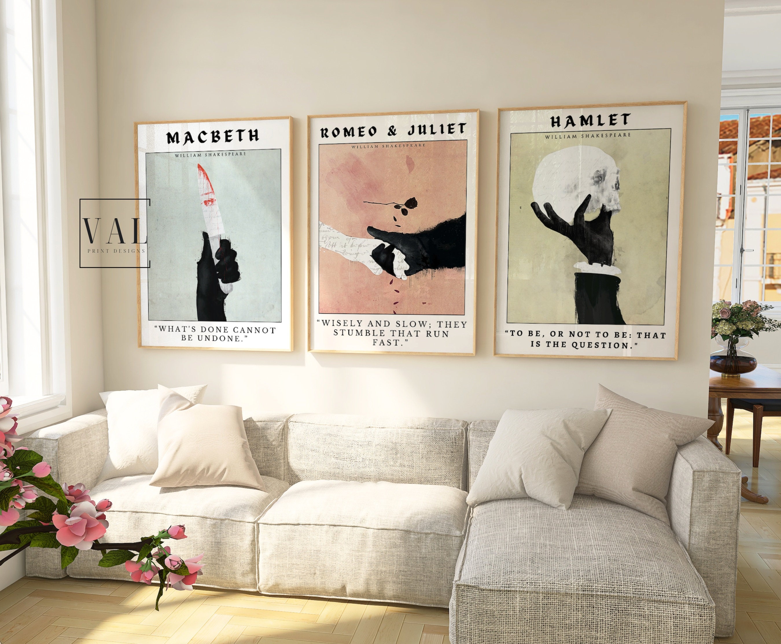 Book Cover Wall Art Set 3 prints | Classroom Wall Decor | William Shakespeare Print | Hamlet Book Poster Printable | Romeo and Juliet Poster