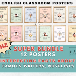 Literature Wall Art Famous Writers Set of 12 prints | Boho English Classroom Printable Poster | Literature Class | Homeschool Wall Decor