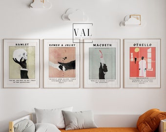 May include: Four minimalist posters featuring famous Shakespearean plays: Hamlet, Romeo and Juliet, Macbeth, and Othello. Each poster features a quote from the play and a simple graphic design.