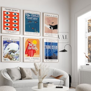 Juego de 6 impresiones de arte mural con portadas de libros famosos / Ideas de decoración del hogar / Póster imprimible / Impresión mural de descarga digital / Arte mural imprimible /