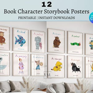 Set di 12 stampe di affermazioni positive con personaggi di libri per bambini, stampe di libri di fiabe per decorazioni da parete per la cameretta dei bambini, decorazioni per la sala giochi, decorazioni per la stanza di Curious George
