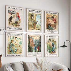 Láminas para la educación en casa de los Hermanos Grimm / Juego de 6 pósteres educativos con portadas de libros / Lámina decorativa Montessori para el aula / Caperucita Roja