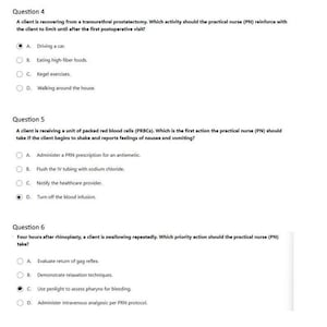 Peut inclure: Une feuille de papier blanche avec trois questions à choix multiples sur les soins infirmiers. Les questions portent sur les soins postopératoires après une prostatectomie, les réactions aux transfusions sanguines et les soins post-rhinoplastie.
