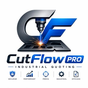 May include: A logo for CutFlow PRO, featuring a stylized metallic "CF" design with a laser cutting tool emitting sparks. The text "CutFlow PRO - INDUSTRIAL QUOTING" is below, with icons for security, performance, precision, industry, and efficiency.