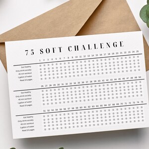 Puede incluir: Un rastreador de desafíos 75 Soft Challenge imprimible con una cuadrícula de 75 cuadrados. Cada cuadrado representa un día. El desafío incluye cuatro tareas: comer sano, beber solo socialmente, 45 minutos de entrenamiento, 1 galón de agua y leer 10 páginas.