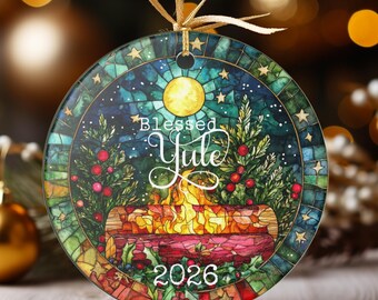 Yule Ornament 2026, Round Ceramic Double Sided Hanging Christmas Tree Stained Glass Design Decoration for Winter Solstice