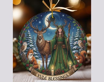 Yule Ornament 2026 Winter Solstice Decor | Round Ceramic Christmas Tree Ornament | Pagan Holiday Wheel of the Year Gift