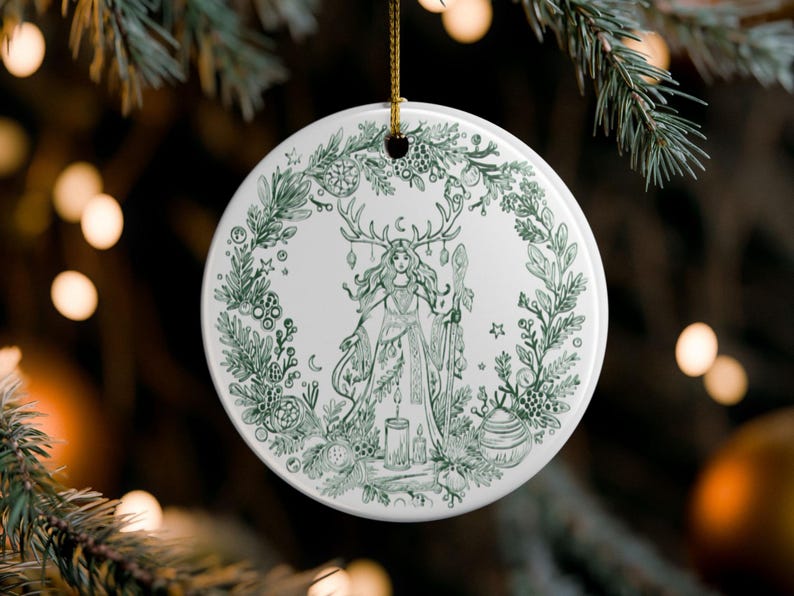 Yule Ornament 2026 Celtic Witch Ceramic Ornament, Pagan Winter Solstice Decor, Rustic Folk Mystical Christmas Tree Gift image 3