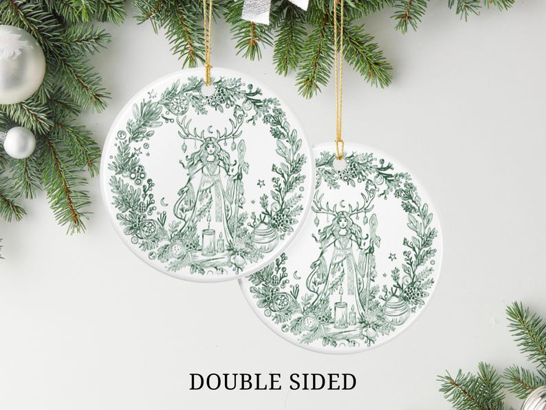 Yule Ornament 2026 Celtic Witch Ceramic Ornament, Pagan Winter Solstice Decor, Rustic Folk Mystical Christmas Tree Gift image 2