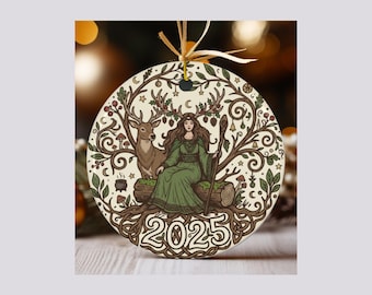 Yule Ornament 2025 Pagan Winter Solstice Decor | Witchy Ceramic Christmas Tree Ornament | Celtic Folk Magic Gift