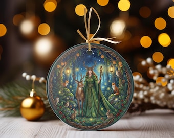 Pagan Goddess Ornament, Woodland Celtic Art Ceramic Ornament, Nature Spiritual Decor, Yule Blessings Keepsake