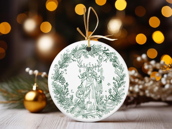 Yule Ornament 2026 Celtic Witch Ceramic Ornament, Pagan Winter Solstice Decor, Rustic Folk Mystical Christmas Tree Gift
