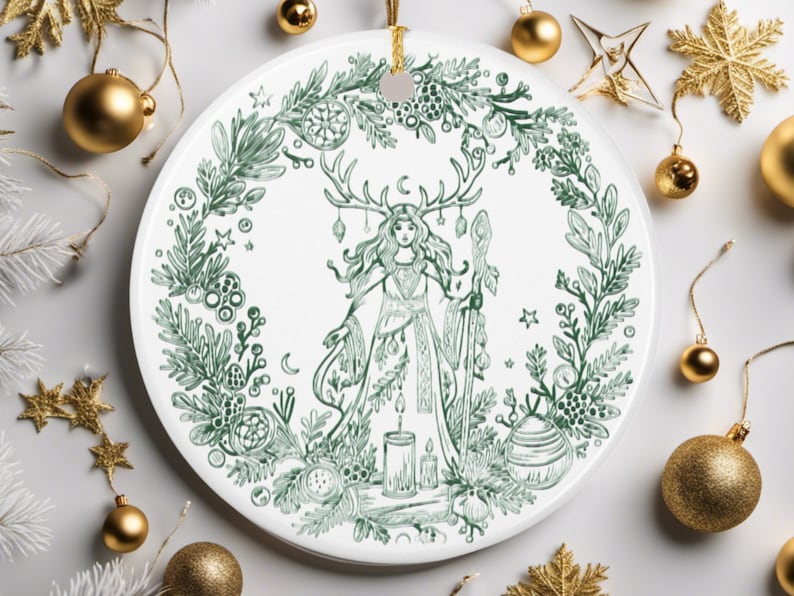 Yule Ornament 2026 Celtic Witch Ceramic Ornament, Pagan Winter Solstice Decor, Rustic Folk Mystical Christmas Tree Gift image 4