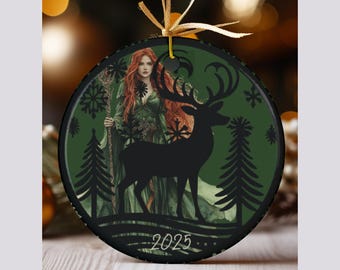 Yule Ornament 2025 Celtic Witch Ceramic Ornament, Pagan Winter Solstice Decor, Rustic Folk Mystical Christmas Tree Gift