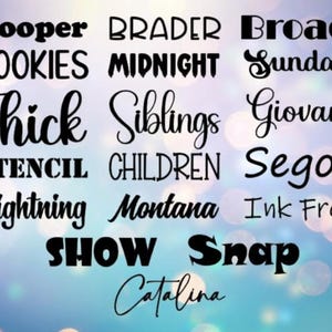 May include: A font selection chart displaying various black text styles including Cooper, COOKIES, Thick, STENCIL, Lightning, BRADER, MIDNIGHT, Siblings, CHILDREN, Montana, SHOW, Snap, Broad, Sunday, Giovani, Segoe, Ink Free, and Catalina on a light blue background.