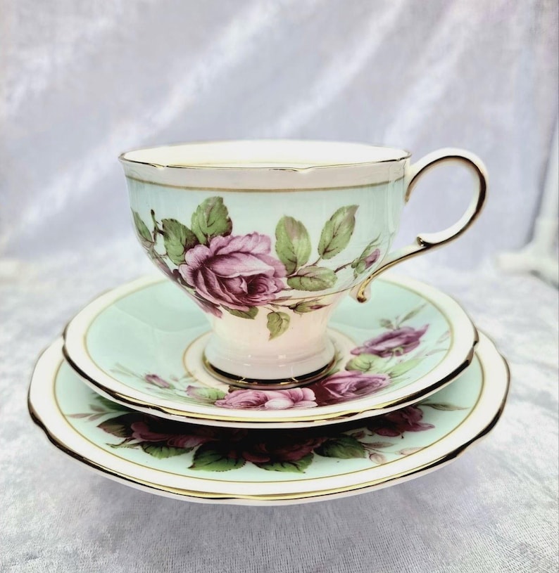 Rare signed Paragon Double Warrant bone china teacup, saucer and plate trio image 1