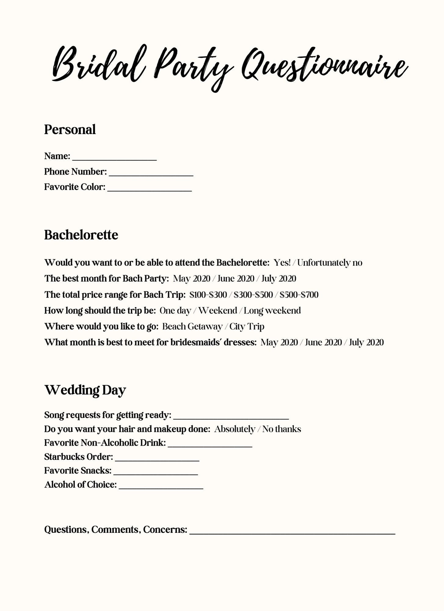 Bridal Party Questionnaire Template Etsy