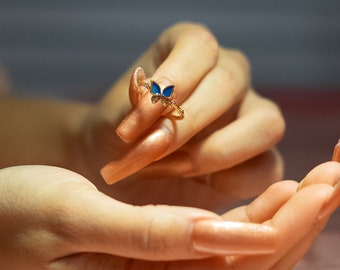 Gold Blue Butterfly Ring, Dainty Adjustable Ring, Cute Zircon Butterfly Ring, Minimalist Ring, Elegant Open Ring, Butterfly Jewelry