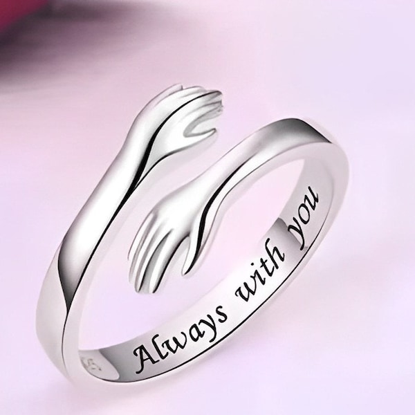 Anillo de plata de ley 925, anillo de abrazo de amor personalizado, anillo de mano grabado, anillo de amante de pareja, regalo lindo, anillo de abrazo minimalista ajustable