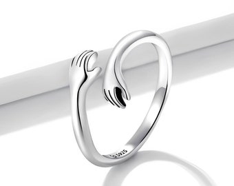 925 Sterling Silver Ring, Dainty Love Hug Ring, Hug Hand Ring, Couple Lover Ring, Cute Gift, Adjustable Minimalist Hugging Ring