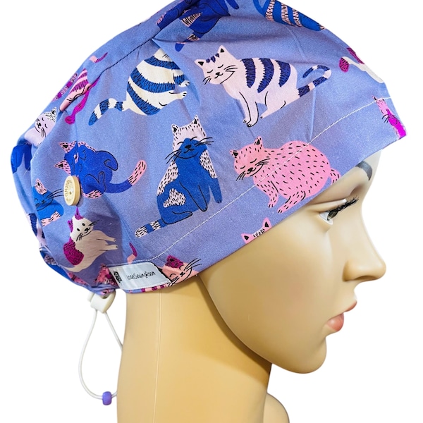 Purple Cartoon Cats Scrub Cap. scrub cap for women, surgical cap, Nurse hat, adjustable scrub cap, HospitalHat. Surgical Cap Toggle Tie back
