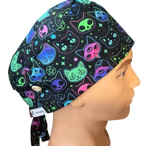 Spooky Cats Scrub Cap.  FABRIC TIE.   scrub cap for women men, scrub hat, surgical cap, Vet Nurses cap, Dentist cap, Chef cap