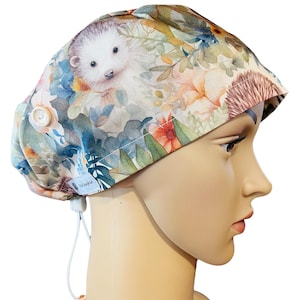 Hedgehog HideAway Scrub Cap - scrub cap for women, Surgical cap, Theatre hat, Nurse Scrub hat, adjustable scrub cap, Toggle tie