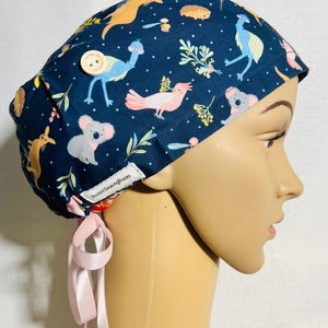 Aussie Animals on Blue Scrub Cap - scrub cap for women, Nurse Scrub hat, adjustable scrub cap, Ribbon tie / toggle tie back