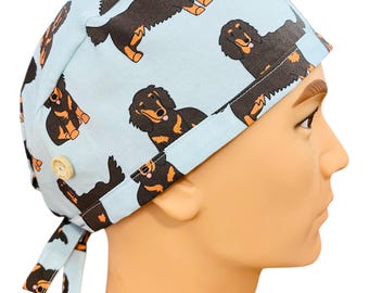 Dachshund on blue Scrub Cap. FABRIC TIE.  nurse scrub hat, surgical cap, men’s scrub cap, vet nurse hat, dental nurse cap, hospital cap.