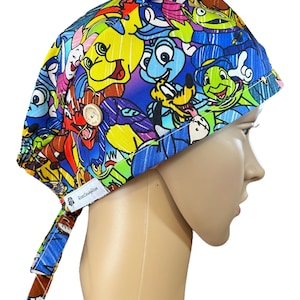 Inked Characters Scrub Cap. FABRIC TIE.  Nurse scrub hat, surgical cap, men’s scrub cap, vet hat, dental nurse cap, hospital cap,