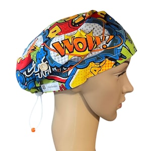 Zap Attack Scrub Cap - scrub cap for women, men.  Surgical cap, Theatre hat, Nurse Scrub hat, adjustable scrub cap, Hospital hat, Toggle tie