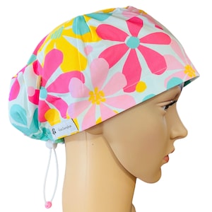 Flower Power Scrub Cap - scrub cap for women, Surgical cap, Theatre hat, Nurse Scrub hat, adjustable scrub cap, Toggle tie Medium/Large