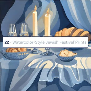 22 żydowskie plakaty w stylu akwareli | AI Żydowska sztuka do pobrania | Cyfrowe pliki kultury żydowskiej | Ilustracje wydarzeń Judaica autorstwa AI