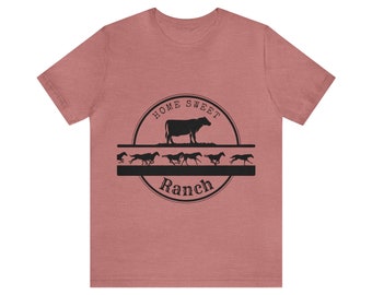 Maglietta unisex Home Sweet Ranch, maglietta con mucca e cavallo