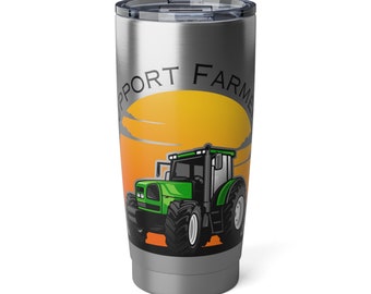 Könnte beinhalten: Ein Edelstahlbecher mit einem grünen Traktor und einer Sonnenuntergangsgrafik. Der Text "Support Farmers" ist in einem Kreis um den Sonnenuntergang gedruckt.
