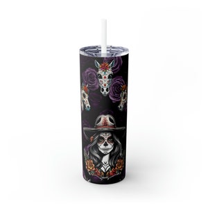 Vaso de vaquera con calavera de azúcar, vaso de Halloween, vaso delgado con paja, 20 oz
