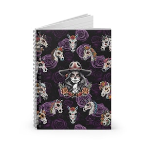 Cuaderno de vaquera con calavera de azúcar, cuaderno de Halloween, cuaderno en espiral - Línea reglada