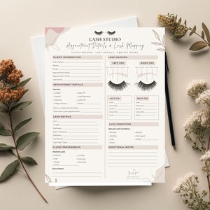Könnte beinhalten: Ein weißes Papierformular mit dem Titel Lash Studio Appointment Details & Lash Mapping mit Abschnitten für Kundeninformationen, Termindetails, Wimperndetails, Kundenpräferenzen, Wimpern-Mapping und Wimpernzustand mit schwarzem Text.