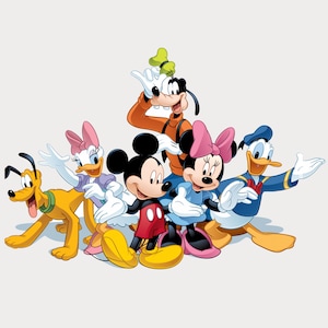 May include: A group of seven cartoon characters, including Mickey Mouse, Minnie Mouse, Donald Duck, Goofy, Pluto, and Daisy Duck. The characters are all smiling and waving.