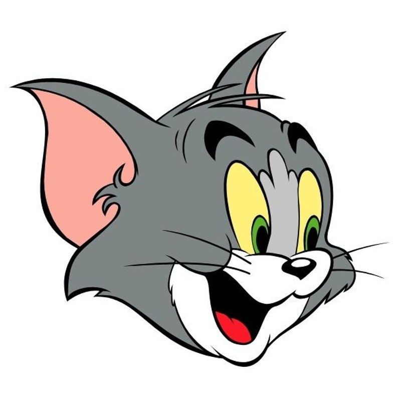 May include: A cartoon illustration of Tom the Cat from Tom and Jerry. Tom is a grey cat with a white patch on his chest and a big smile. He has green eyes and a pink ear.